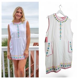 Simply Southern Embroidered White Cotton Dress Pockets Lined NWT Size L